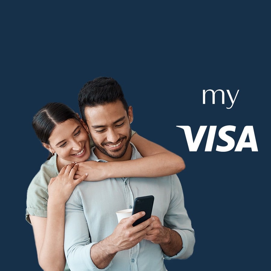 couple hugging while viewing offers on a mobile