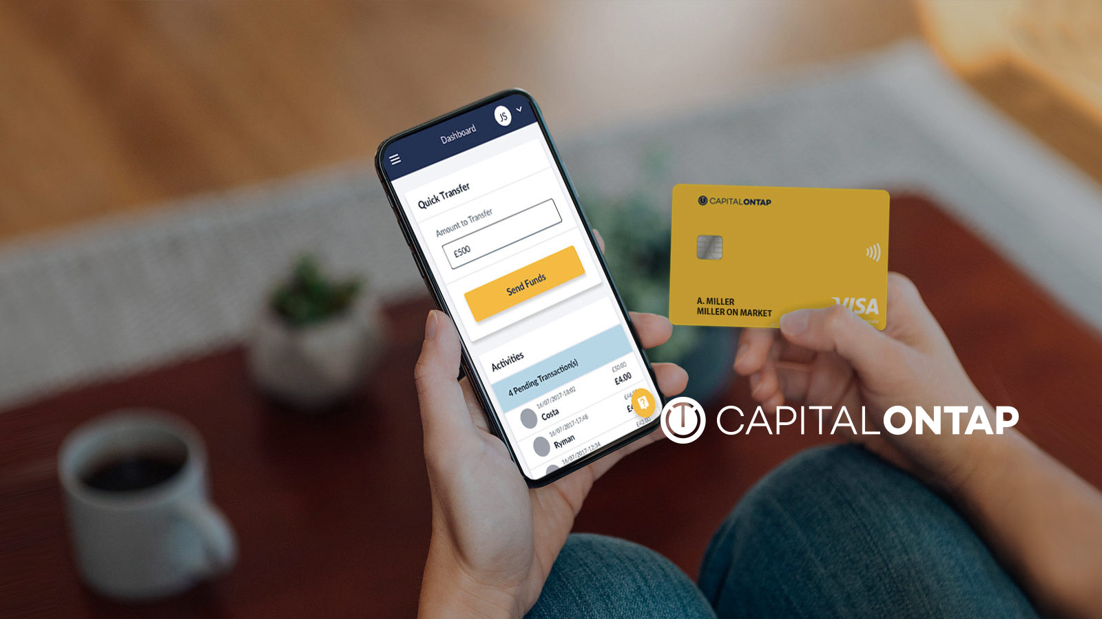 Capital on Tap logo overlaid over an image of a person using their Capital on Tap card to make a mobile purchase.